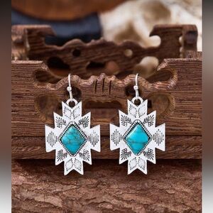 Vintage Distressed Western Carved Turquoise Inlaid Earrings